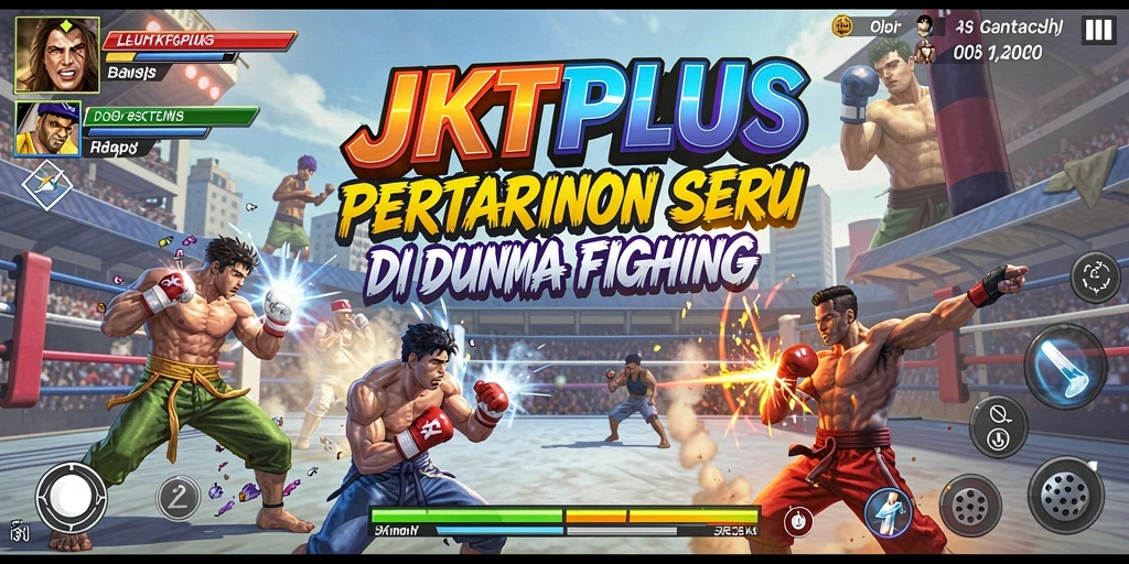 Screenshot utama JKTPLUS menampilkan aksi pertarungan yang mendebarkan.