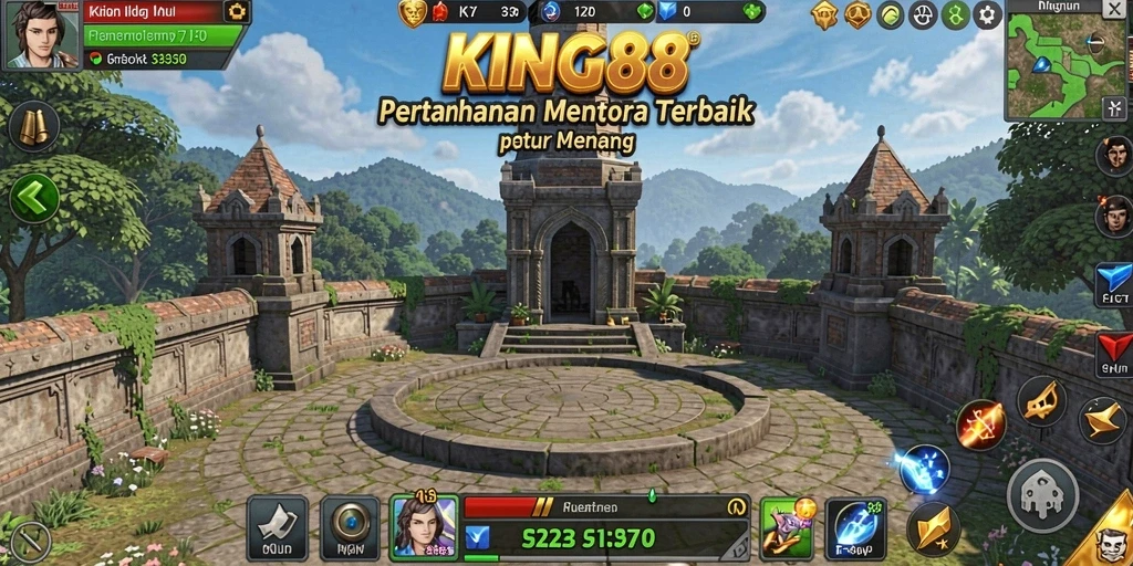 Tampilan gameplay KING88 menunjukkan menara yang siap bertahan dari serangan musuh.