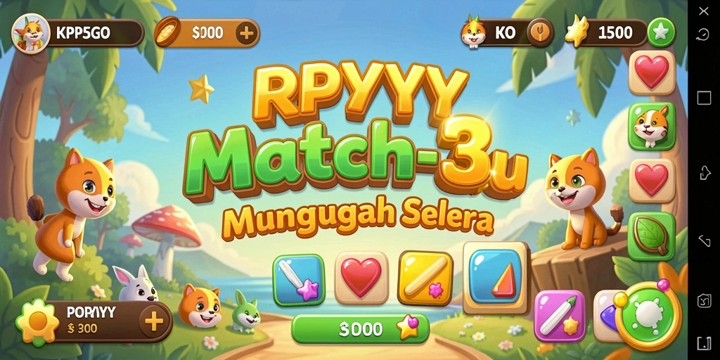 Tampilan gameplay menarik dalam RPYYY saat mencocokkan permata.