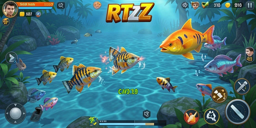 Tangkapan layar gameplay RTZZ menampilkan aksi seru saat menembak ikan.