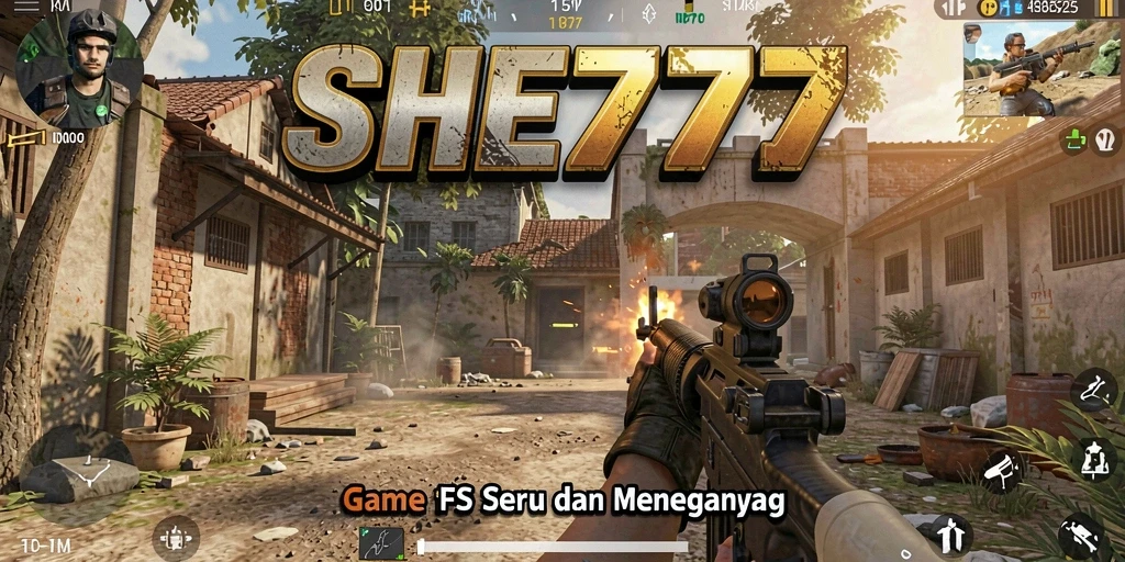 Screenshot dari gameplay SHE777 menampilkan aksi FPS yang intens.