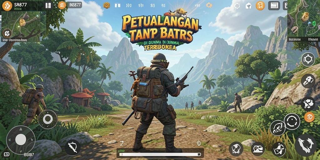 Screenshot utama SR877 menampilkan aksi eksplorasi di dunia terbuka.