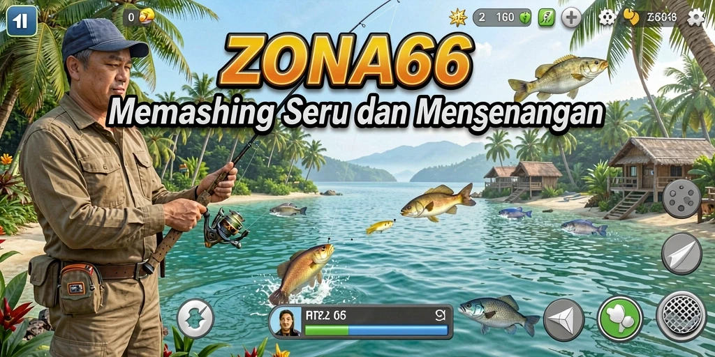 Gameplay ZONA66 yang menampilkan momen seru saat memancing.